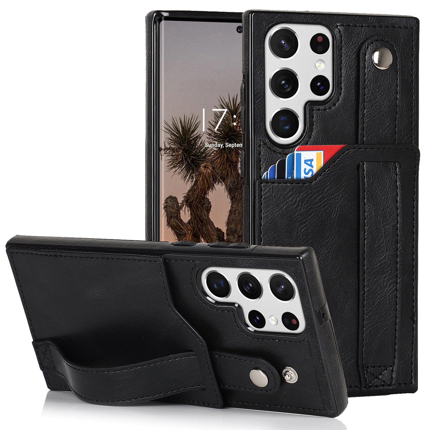 PU Leather Case for Samsung Galaxy S24 Ultra Shell Retro RFID Blocking Wristband Phone Cover - Black