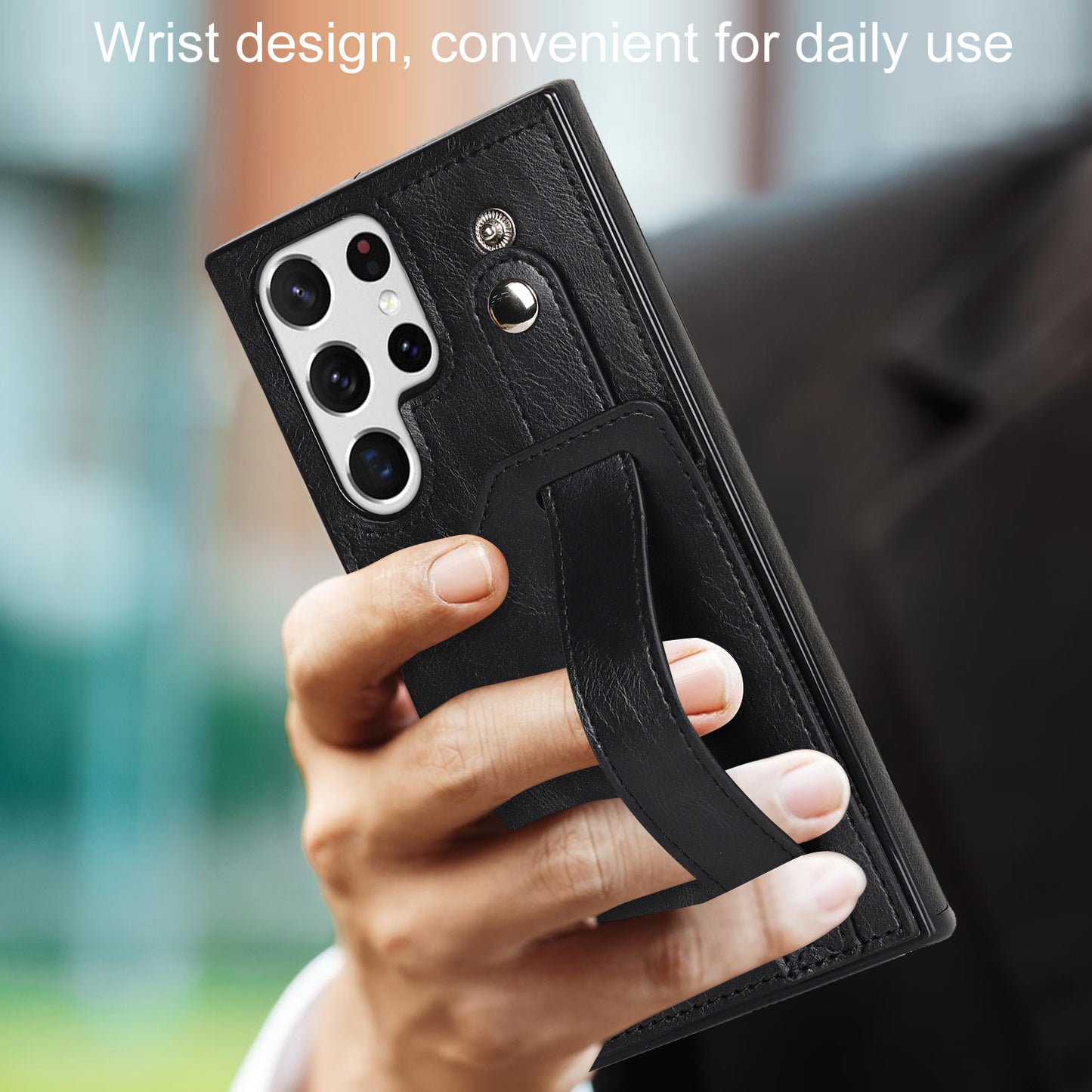 PU Leather Case for Samsung Galaxy S24 Ultra Shell Retro RFID Blocking Wristband Phone Cover - Black