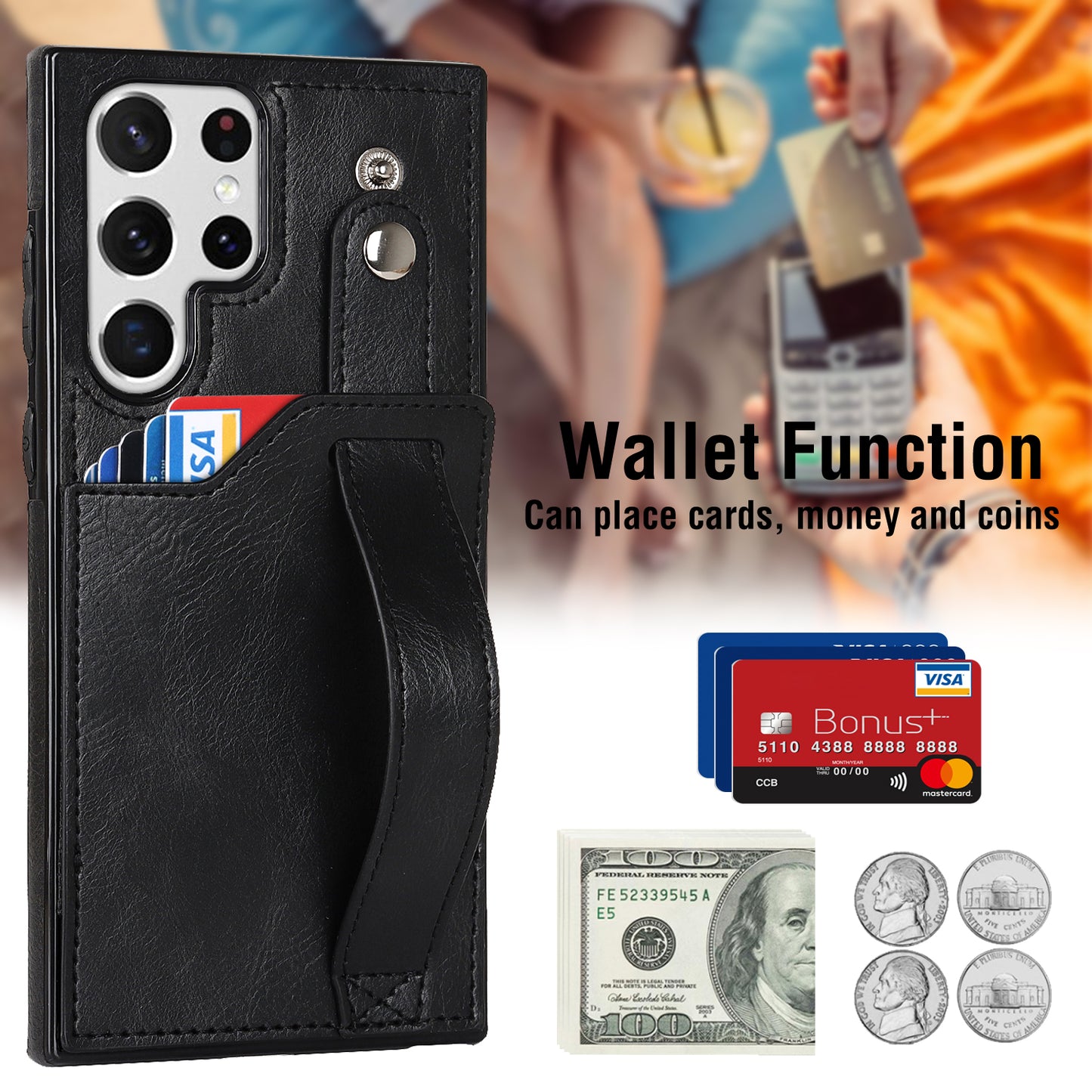 PU Leather Case for Samsung Galaxy S24 Ultra Shell Retro RFID Blocking Wristband Phone Cover - Black