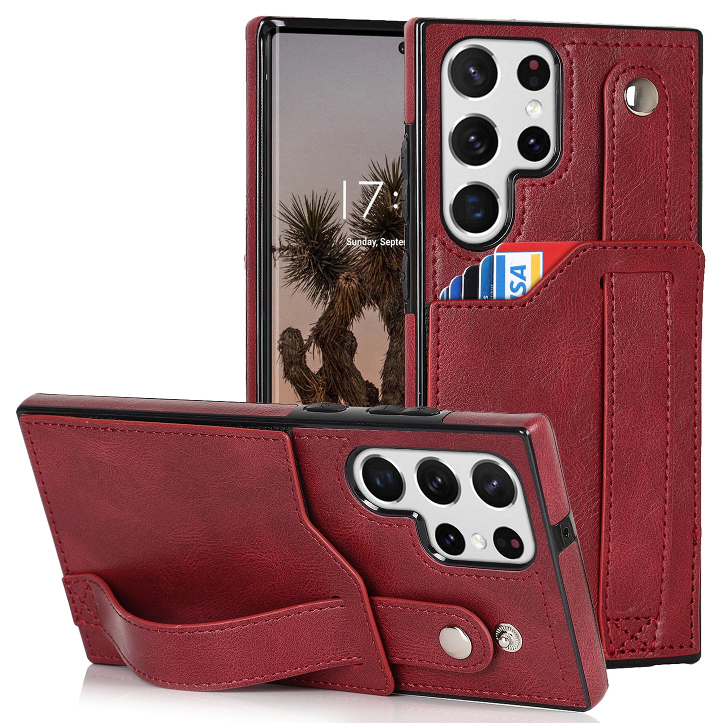 PU Leather Case for Samsung Galaxy S24 Ultra Shell Retro RFID Blocking Wristband Phone Cover - Red