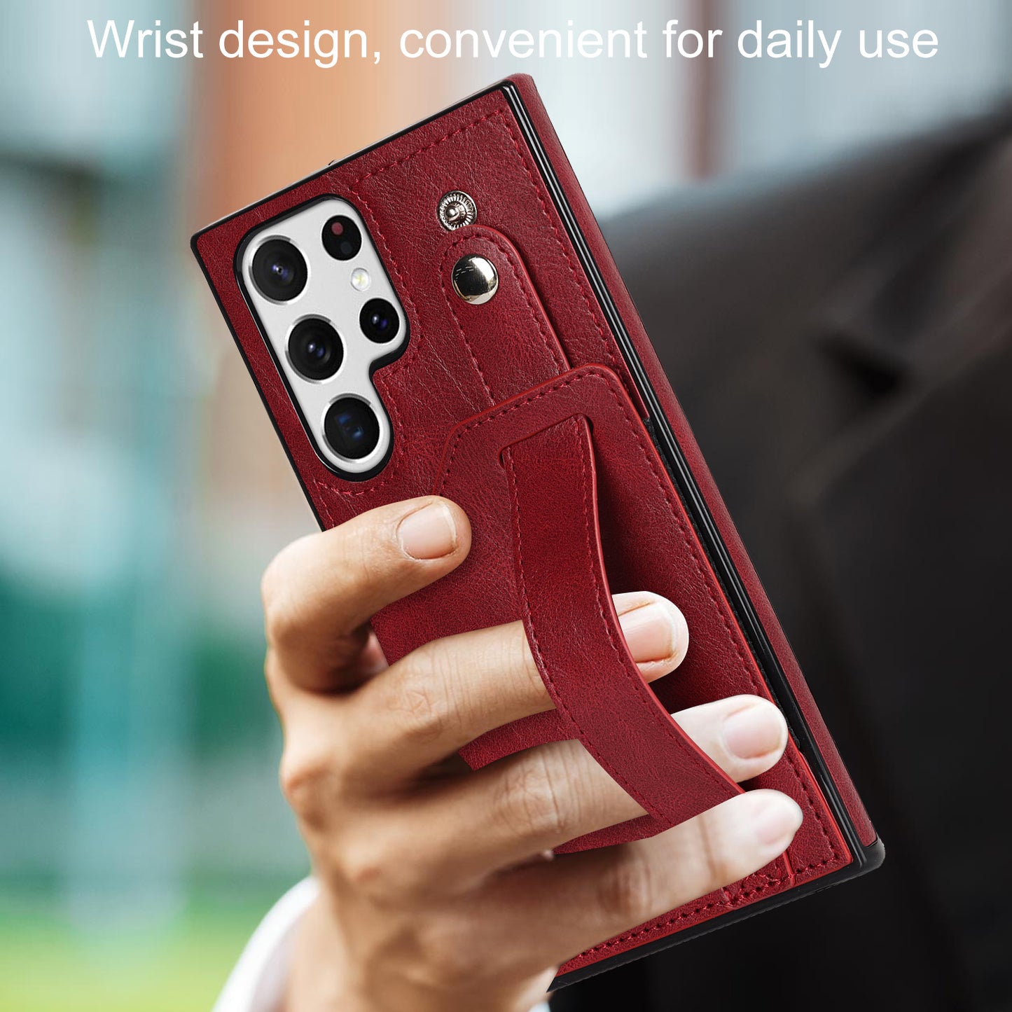 PU Leather Case for Samsung Galaxy S24 Ultra Shell Retro RFID Blocking Wristband Phone Cover - Red