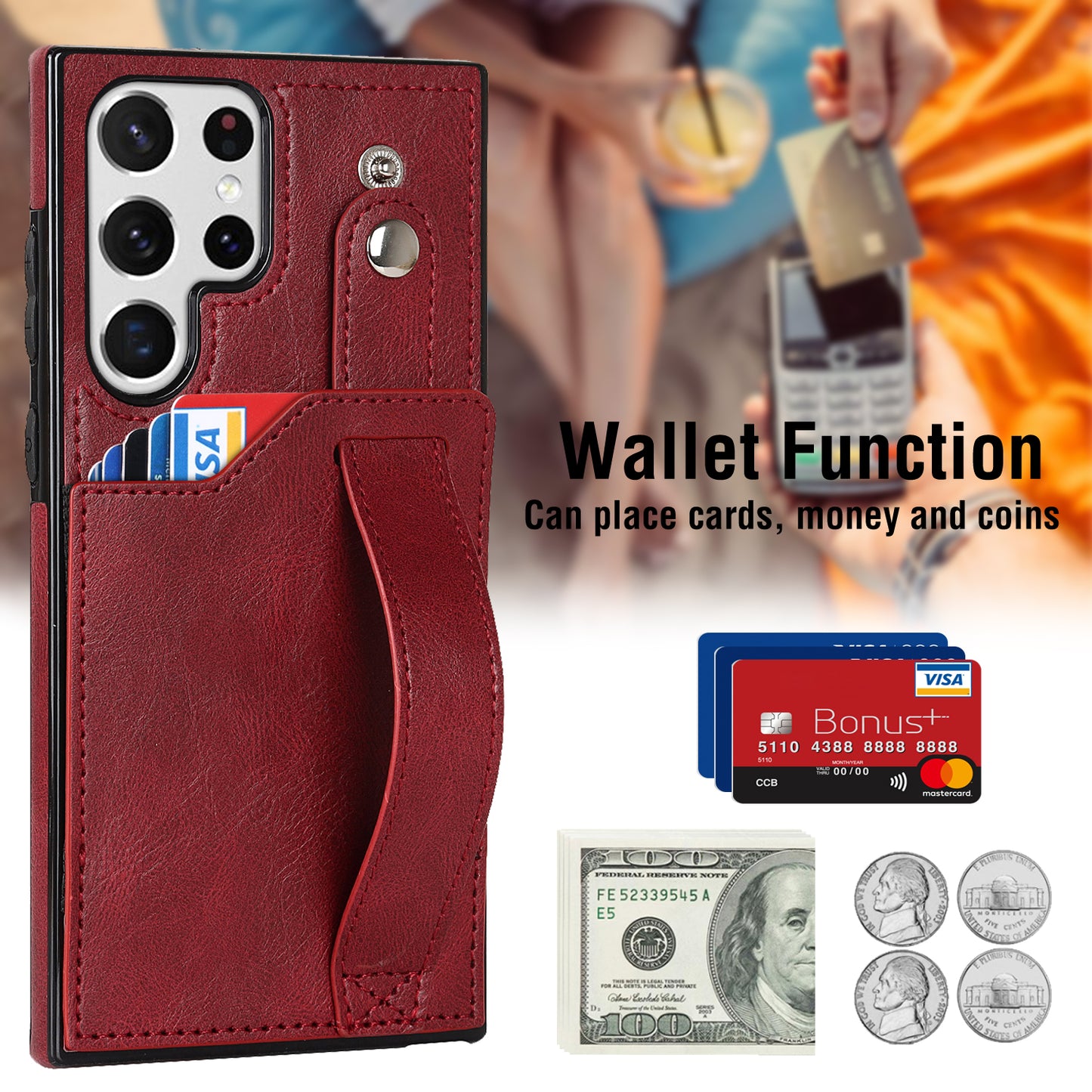 PU Leather Case for Samsung Galaxy S24 Ultra Shell Retro RFID Blocking Wristband Phone Cover - Red