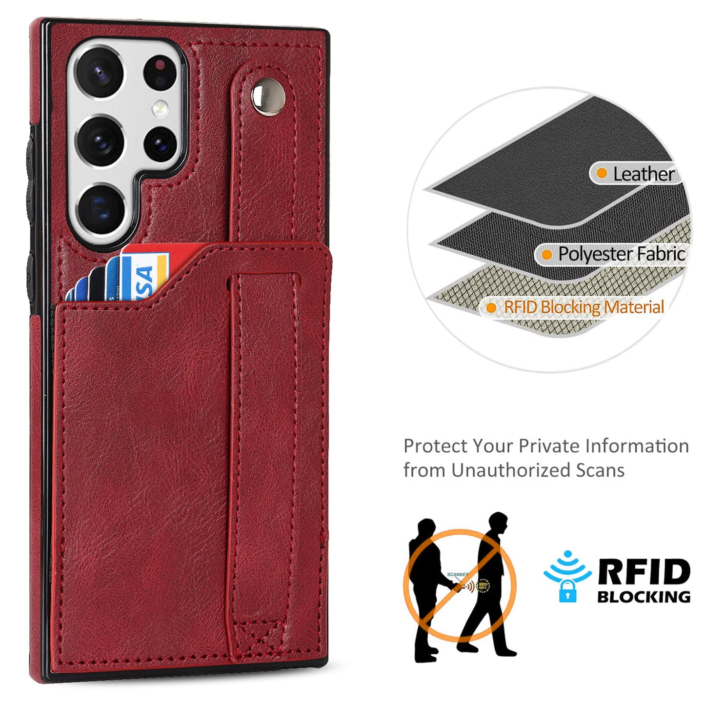 PU Leather Case for Samsung Galaxy S24 Ultra Shell Retro RFID Blocking Wristband Phone Cover - Red