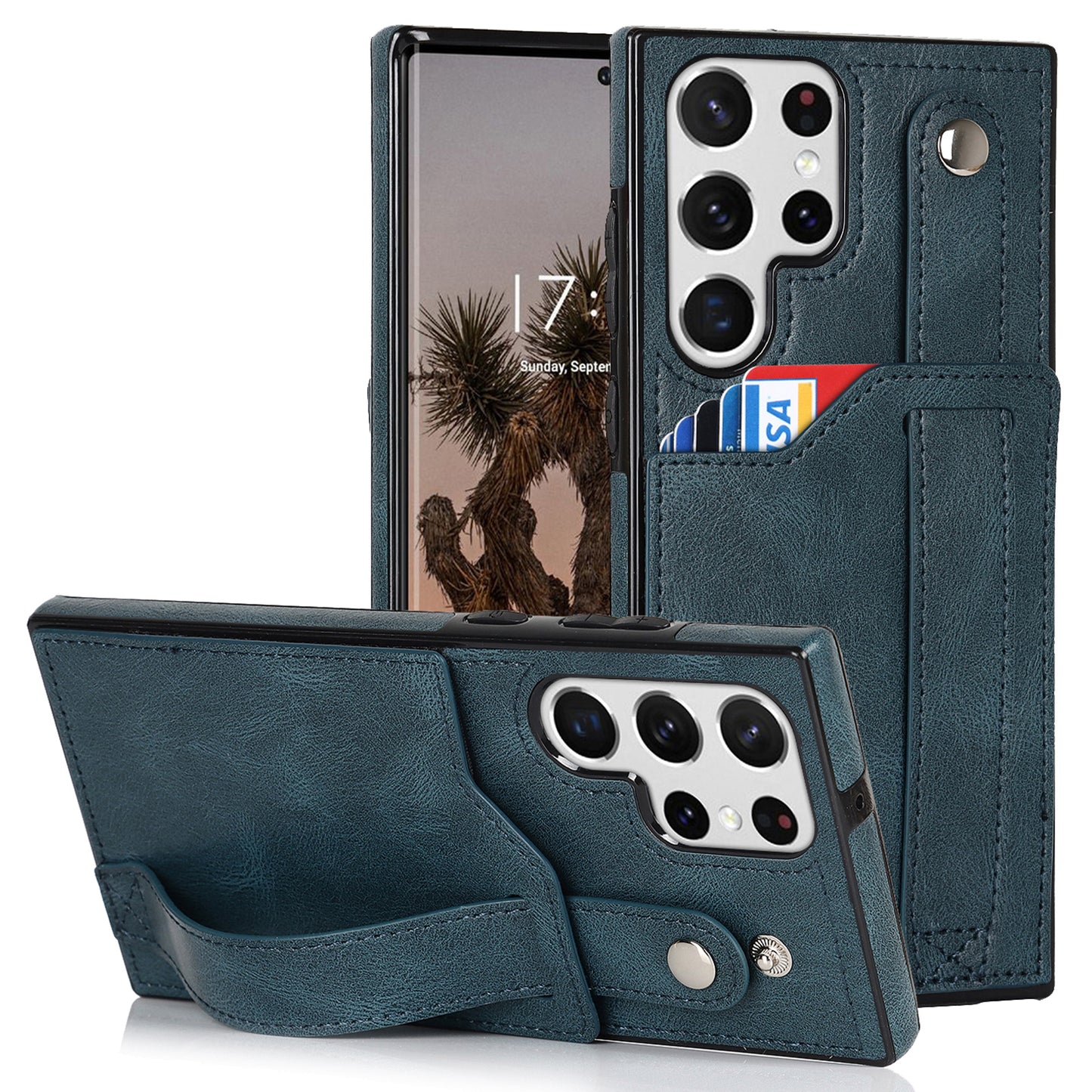 PU Leather Case for Samsung Galaxy S24 Ultra Shell Retro RFID Blocking Wristband Phone Cover - Blue