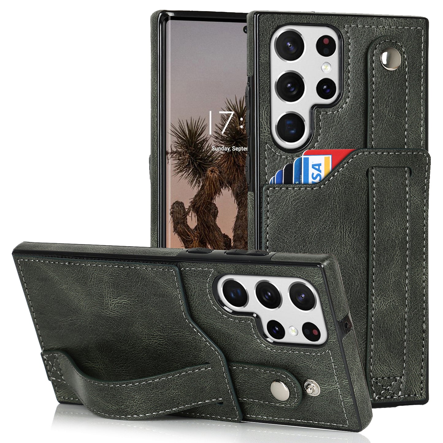 PU Leather Case for Samsung Galaxy S24 Ultra Shell Retro RFID Blocking Wristband Phone Cover - Green