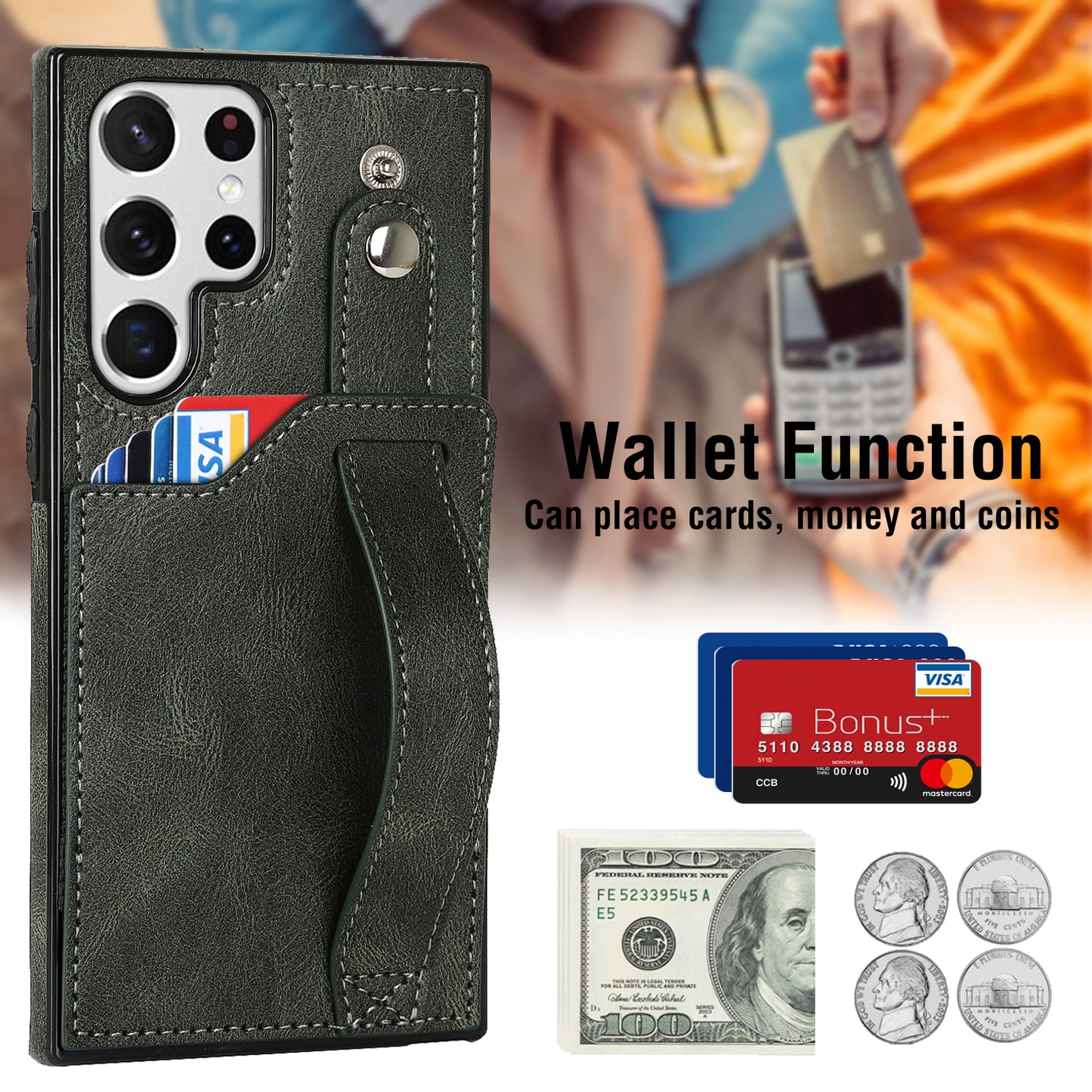 PU Leather Case for Samsung Galaxy S24 Ultra Shell Retro RFID Blocking Wristband Phone Cover - Green