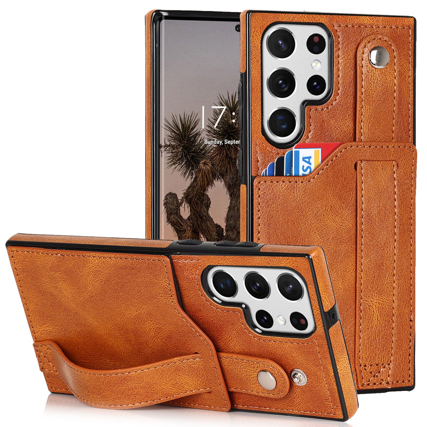 PU Leather Case for Samsung Galaxy S24 Ultra Shell Retro RFID Blocking Wristband Phone Cover - Yellow