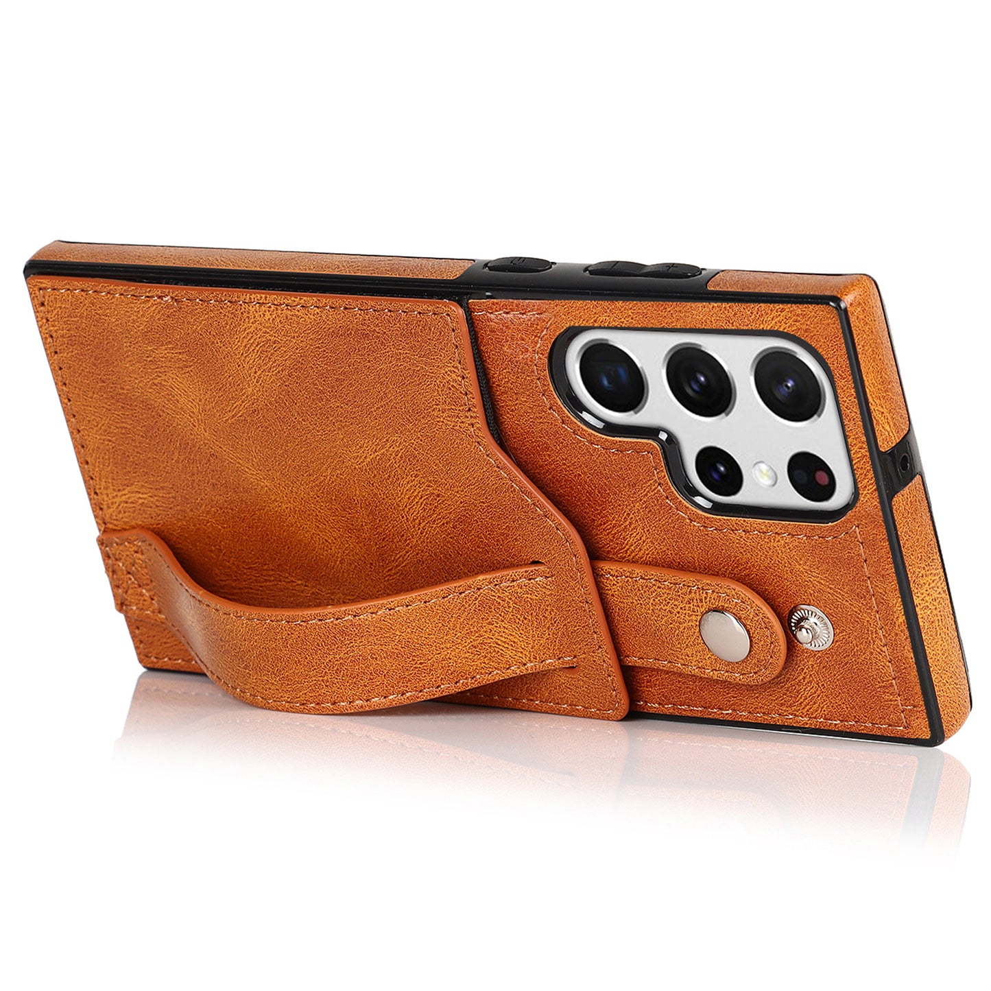 PU Leather Case for Samsung Galaxy S24 Ultra Shell Retro RFID Blocking Wristband Phone Cover - Yellow