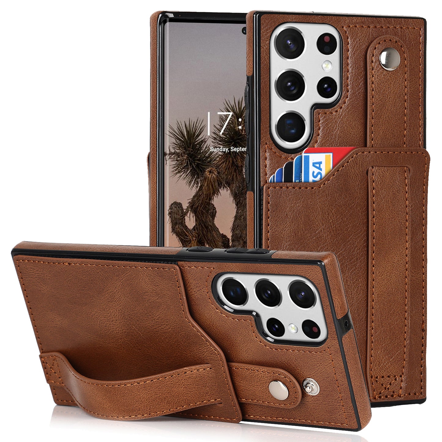 PU Leather Case for Samsung Galaxy S24 Ultra Shell Retro RFID Blocking Wristband Phone Cover - Brown