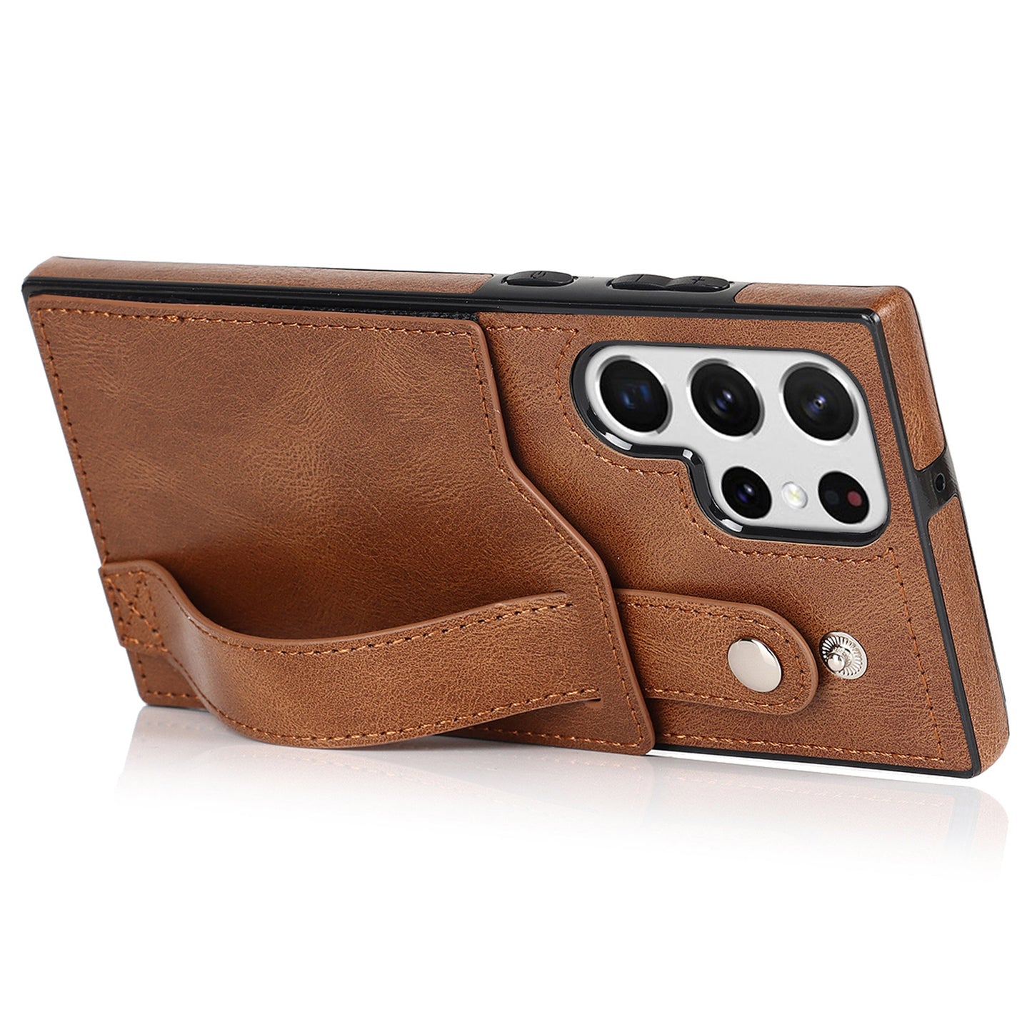 PU Leather Case for Samsung Galaxy S24 Ultra Shell Retro RFID Blocking Wristband Phone Cover - Brown