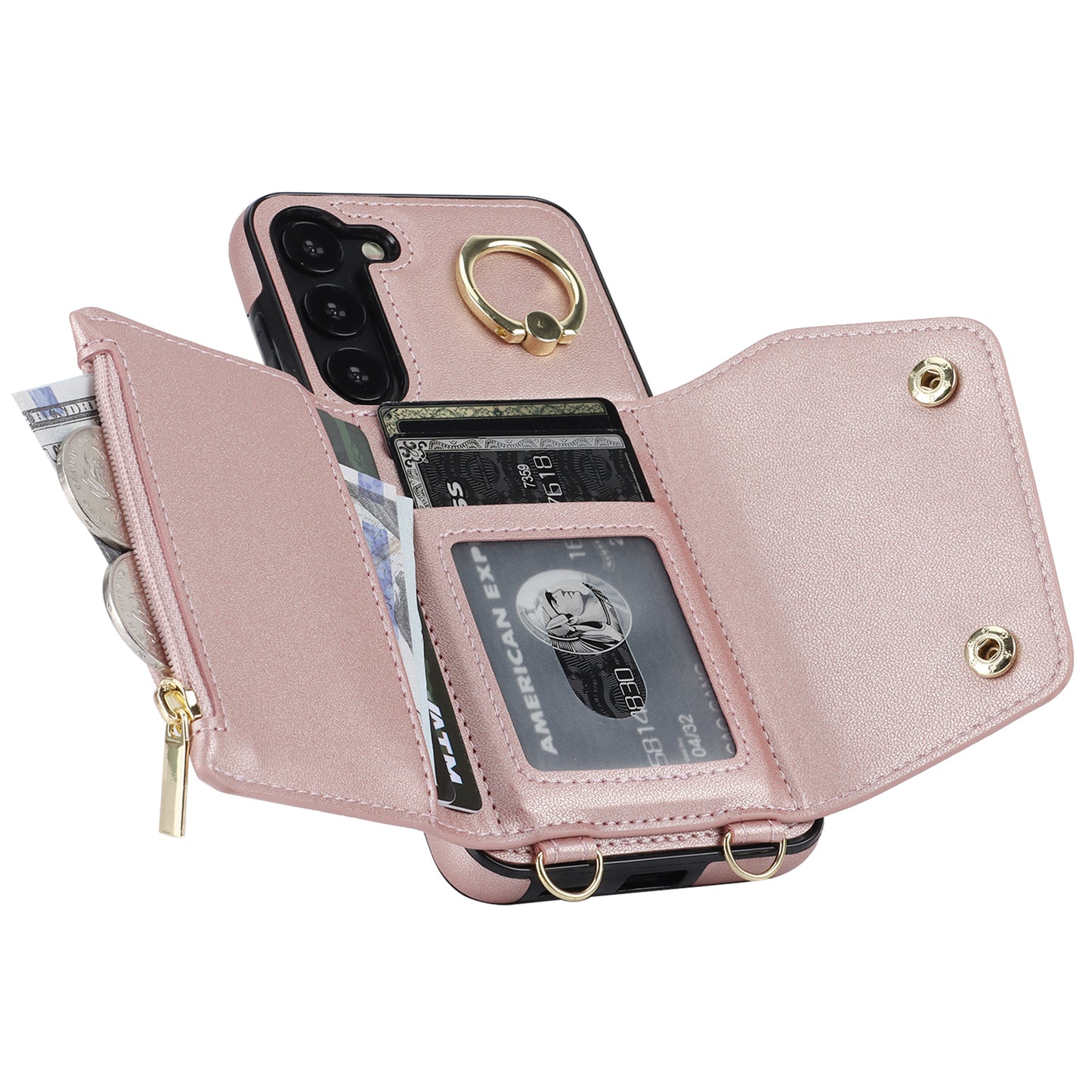 For Samsung Galaxy S24+ Case Zipper Wallet Kickstand Phone Cover with Crossbody Strap - Rose Gold