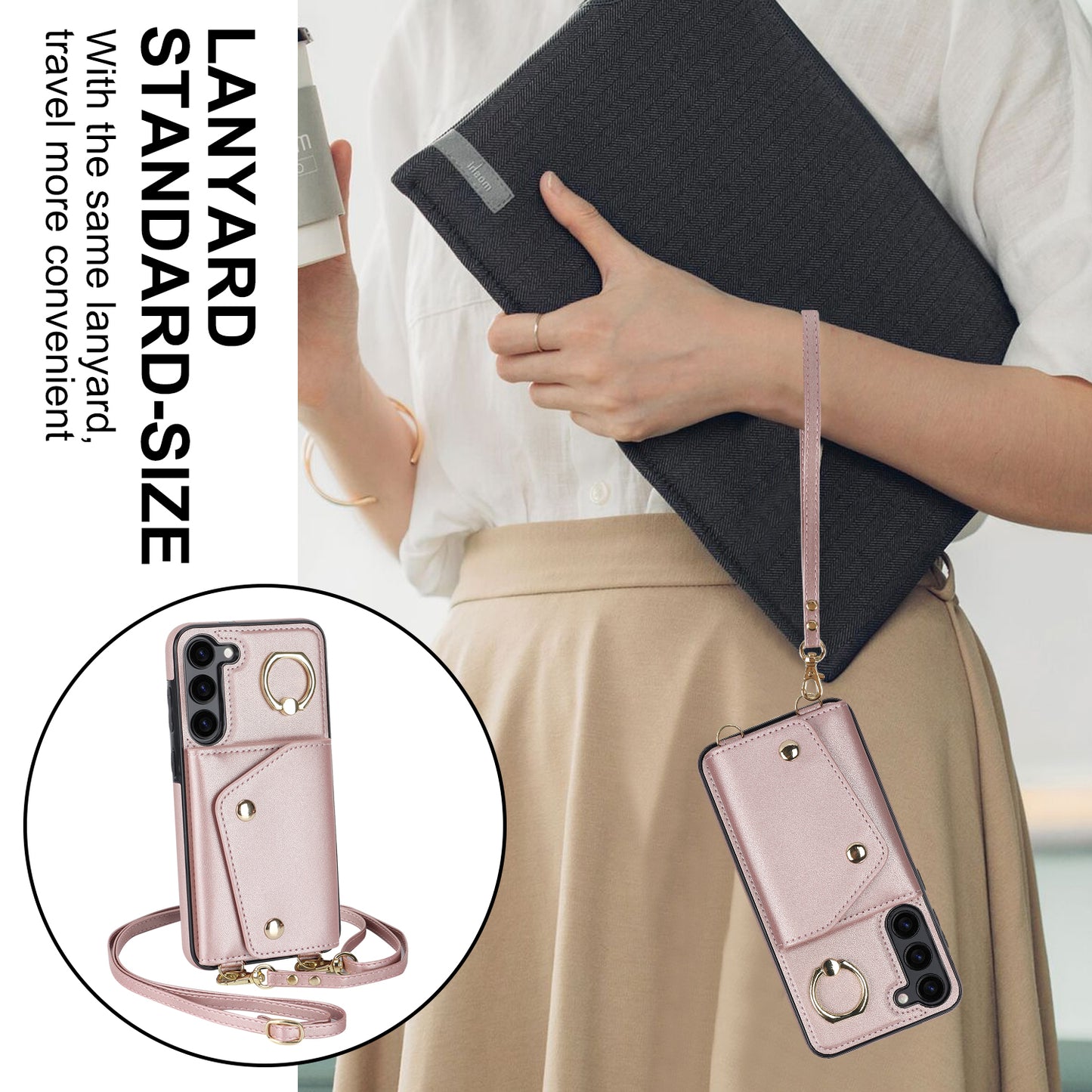 For Samsung Galaxy S24+ Case Zipper Wallet Kickstand Phone Cover with Crossbody Strap - Rose Gold