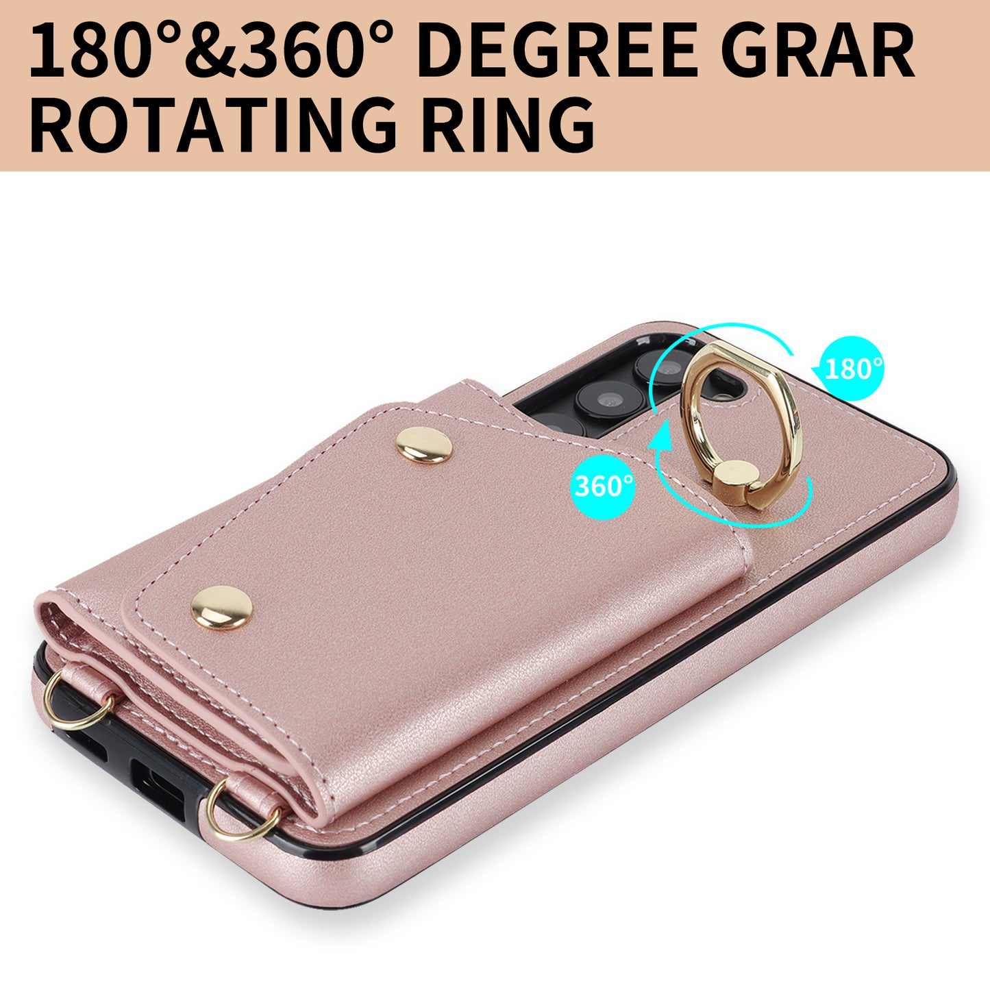 For Samsung Galaxy S24+ Case Zipper Wallet Kickstand Phone Cover with Crossbody Strap - Rose Gold