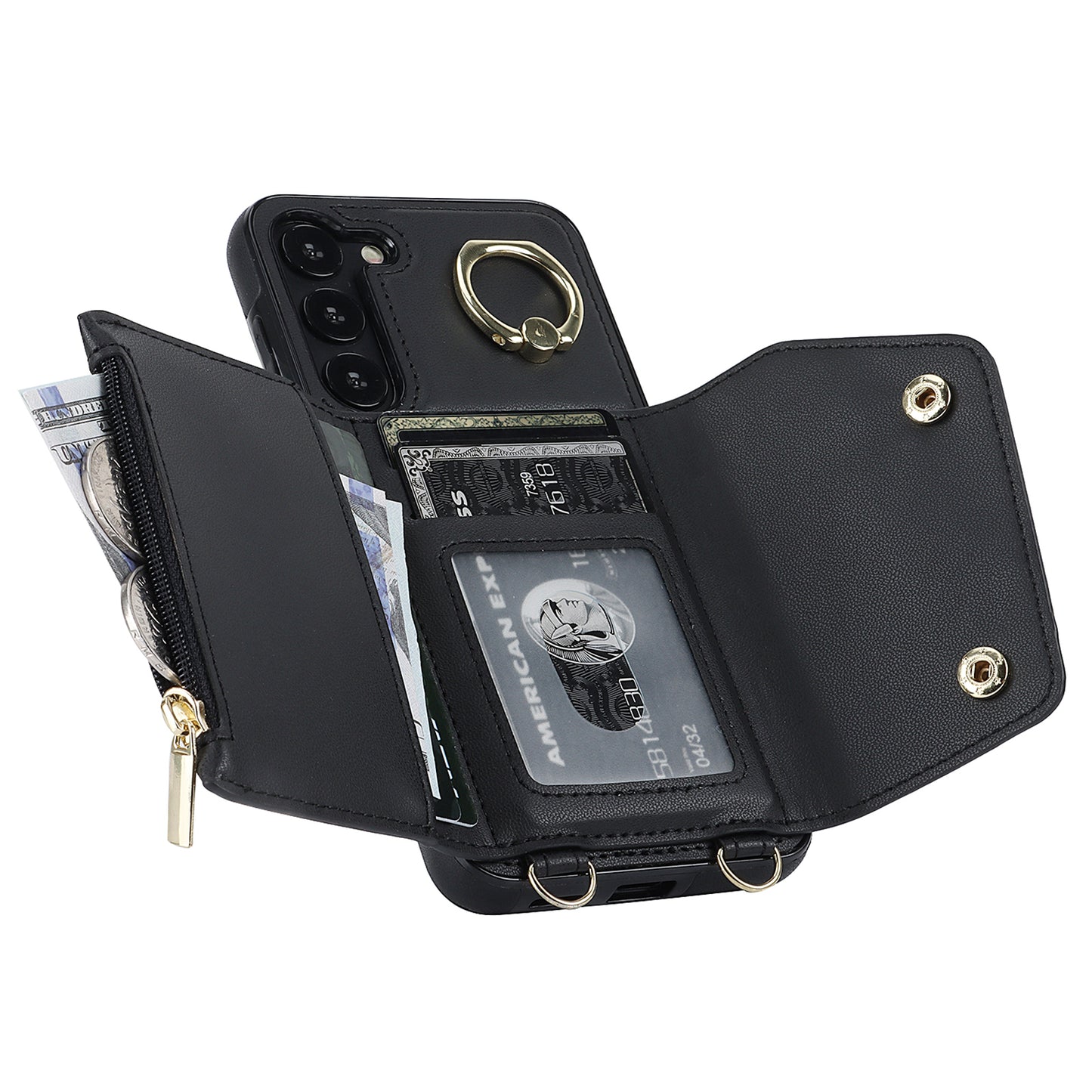 For Samsung Galaxy S24+ Case Zipper Wallet Kickstand Phone Cover with Crossbody Strap - Black