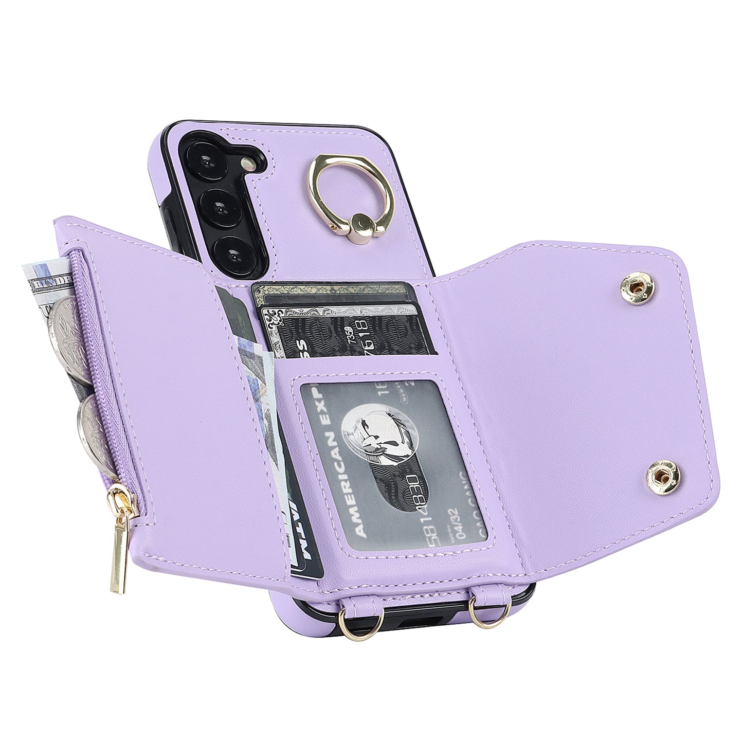 For Samsung Galaxy S24+ Case Zipper Wallet Kickstand Phone Cover with Crossbody Strap - Purple
