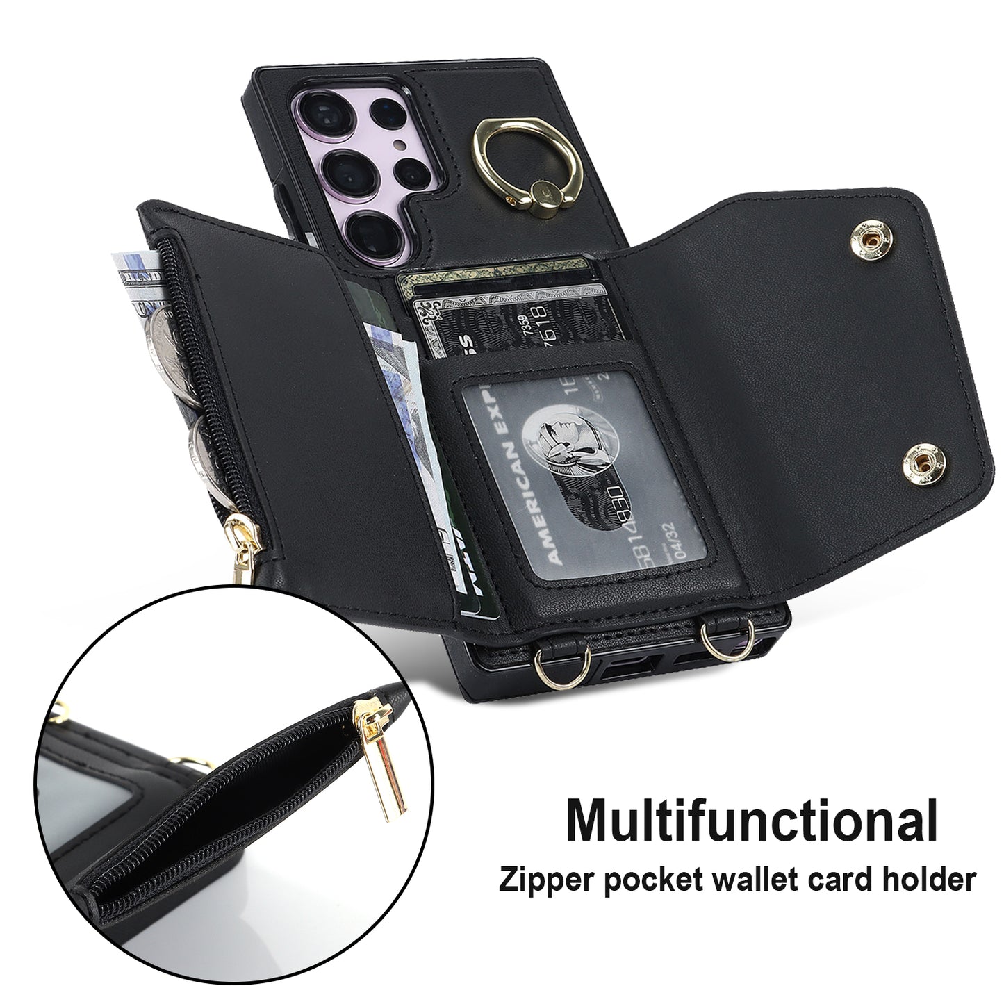 For Samsung Galaxy S24 Ultra Case Wallet Zipper Anti-scratch PU Leather+TPU Phone Protector - Black