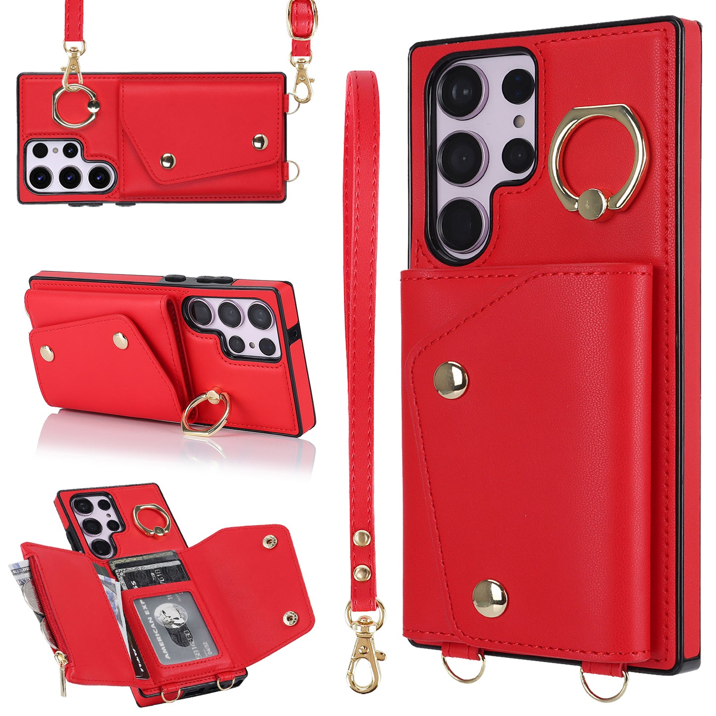 For Samsung Galaxy S24 Ultra Case Wallet Zipper Anti-scratch PU Leather+TPU Phone Protector - Red