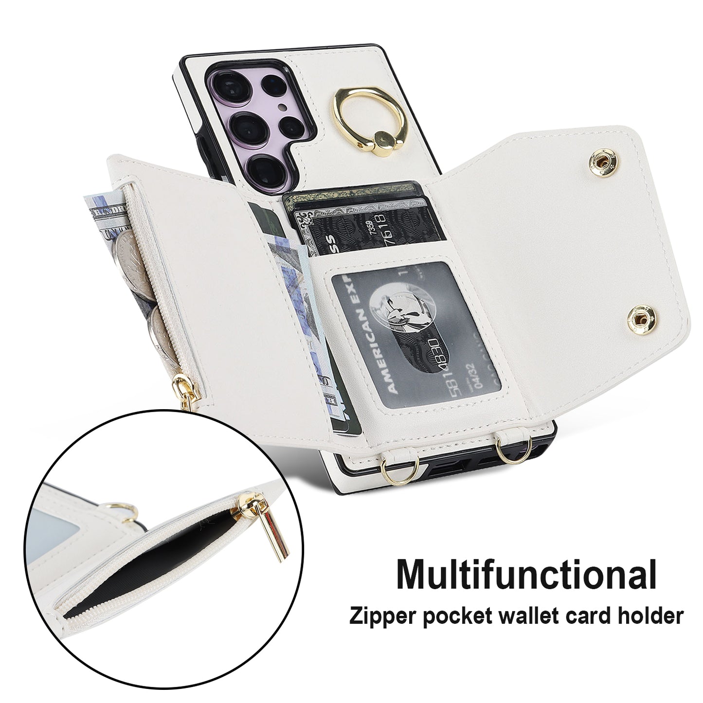 For Samsung Galaxy S24 Ultra Case Wallet Zipper Anti-scratch PU Leather+TPU Phone Protector - White