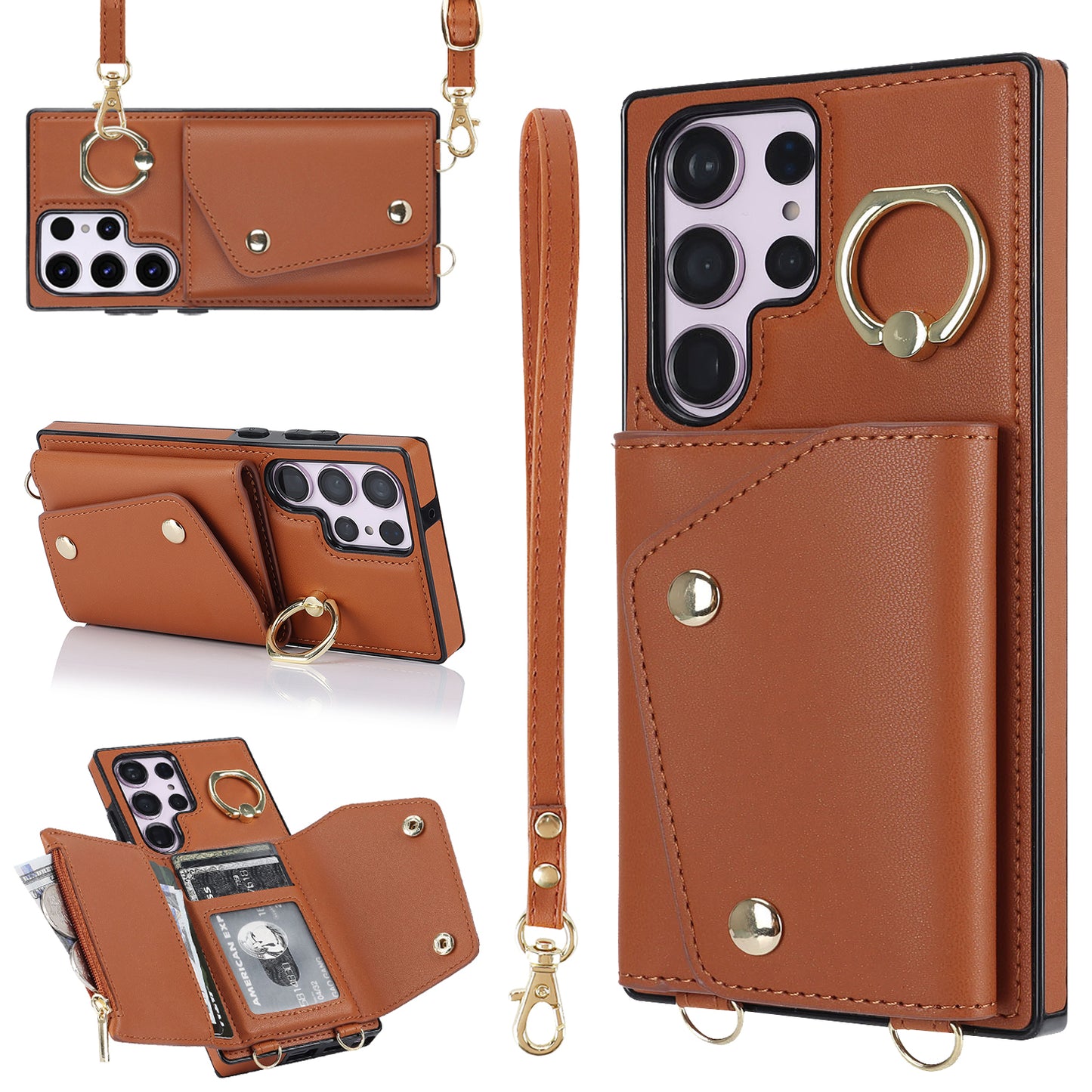 For Samsung Galaxy S24 Ultra Case Wallet Zipper Anti-scratch PU Leather+TPU Phone Protector - Brown