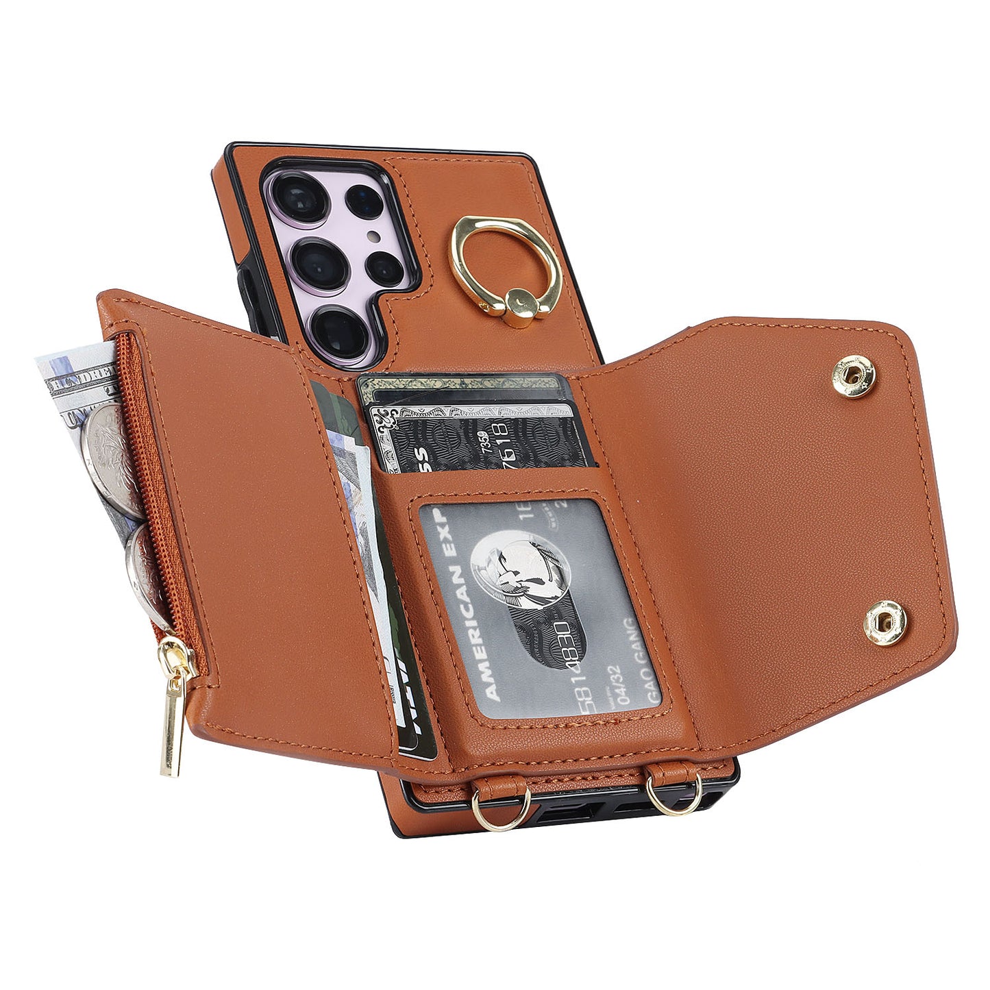 For Samsung Galaxy S24 Ultra Case Wallet Zipper Anti-scratch PU Leather+TPU Phone Protector - Brown