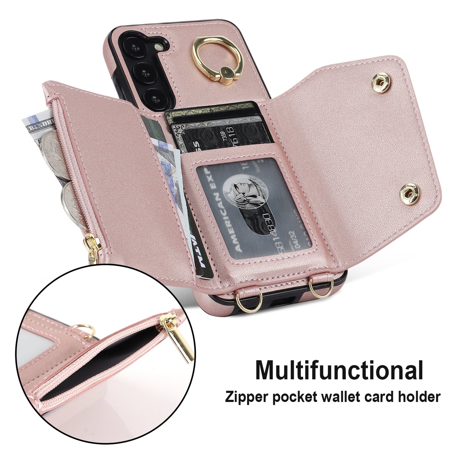 Crossbody Phone Case for Samsung Galaxy S24 Shell Ring Kickstand PU Leather Coated TPU Cover - Rose Gold