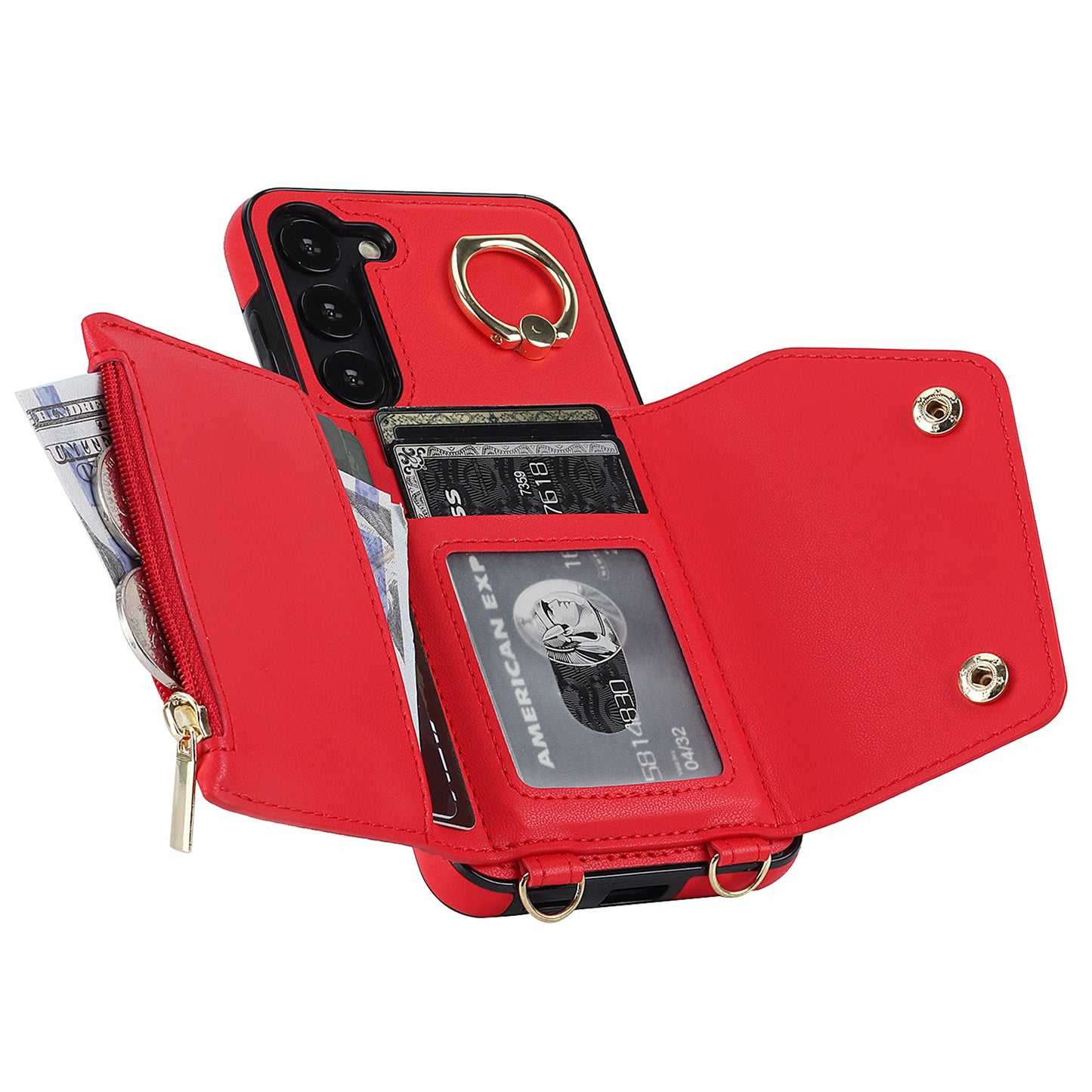 Crossbody Phone Case for Samsung Galaxy S24 Shell Ring Kickstand PU Leather Coated TPU Cover - Red