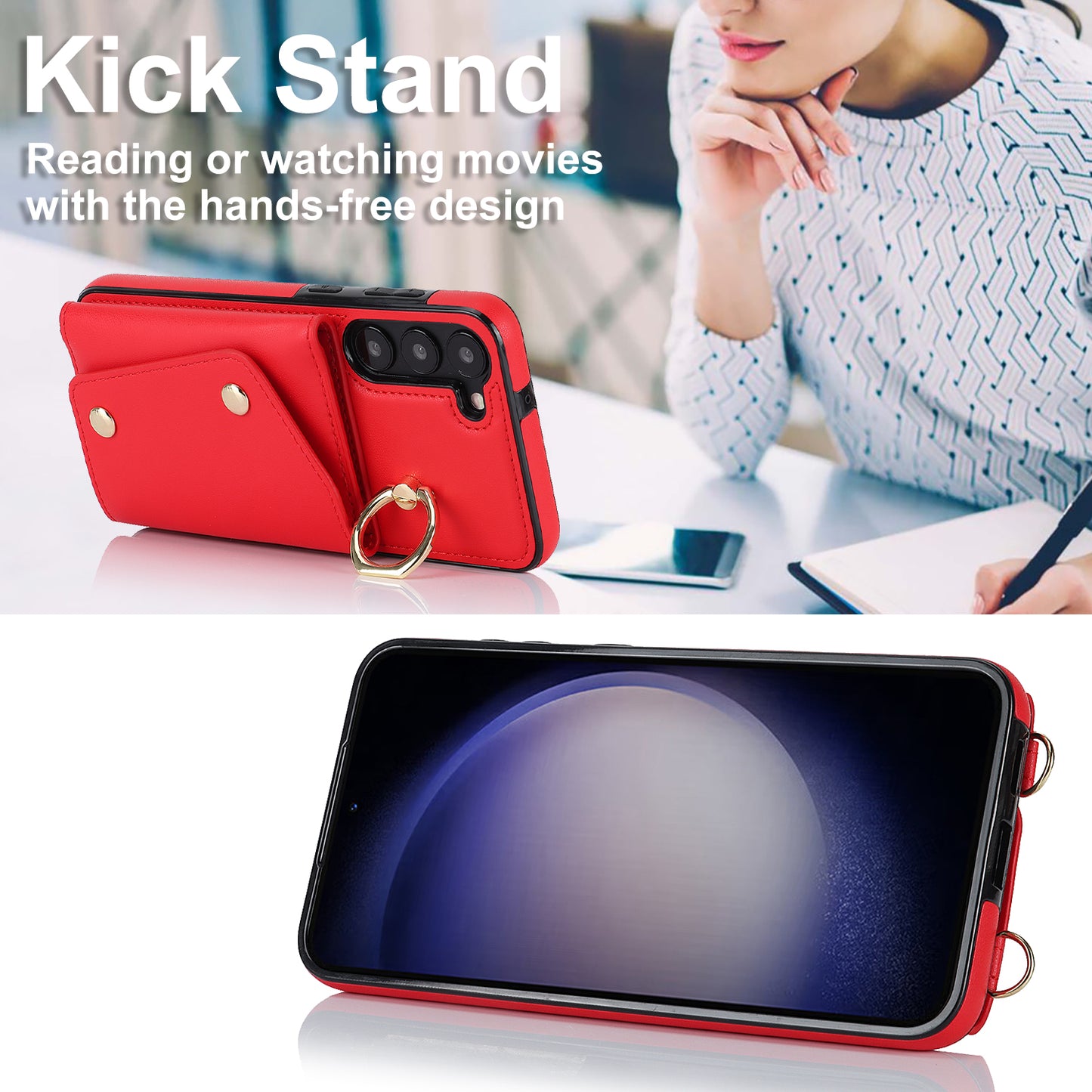 Crossbody Phone Case for Samsung Galaxy S24 Shell Ring Kickstand PU Leather Coated TPU Cover - Red