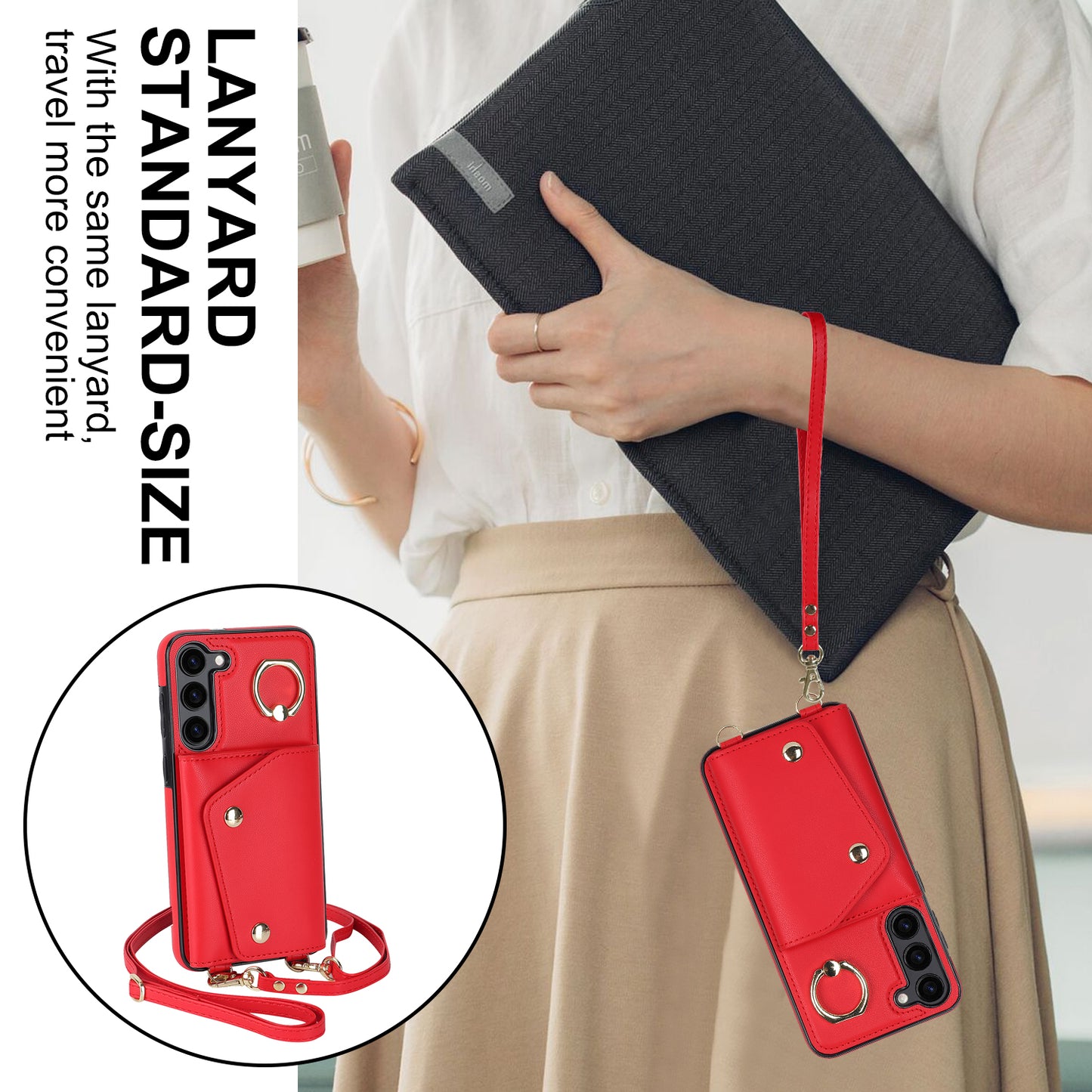 Crossbody Phone Case for Samsung Galaxy S24 Shell Ring Kickstand PU Leather Coated TPU Cover - Red