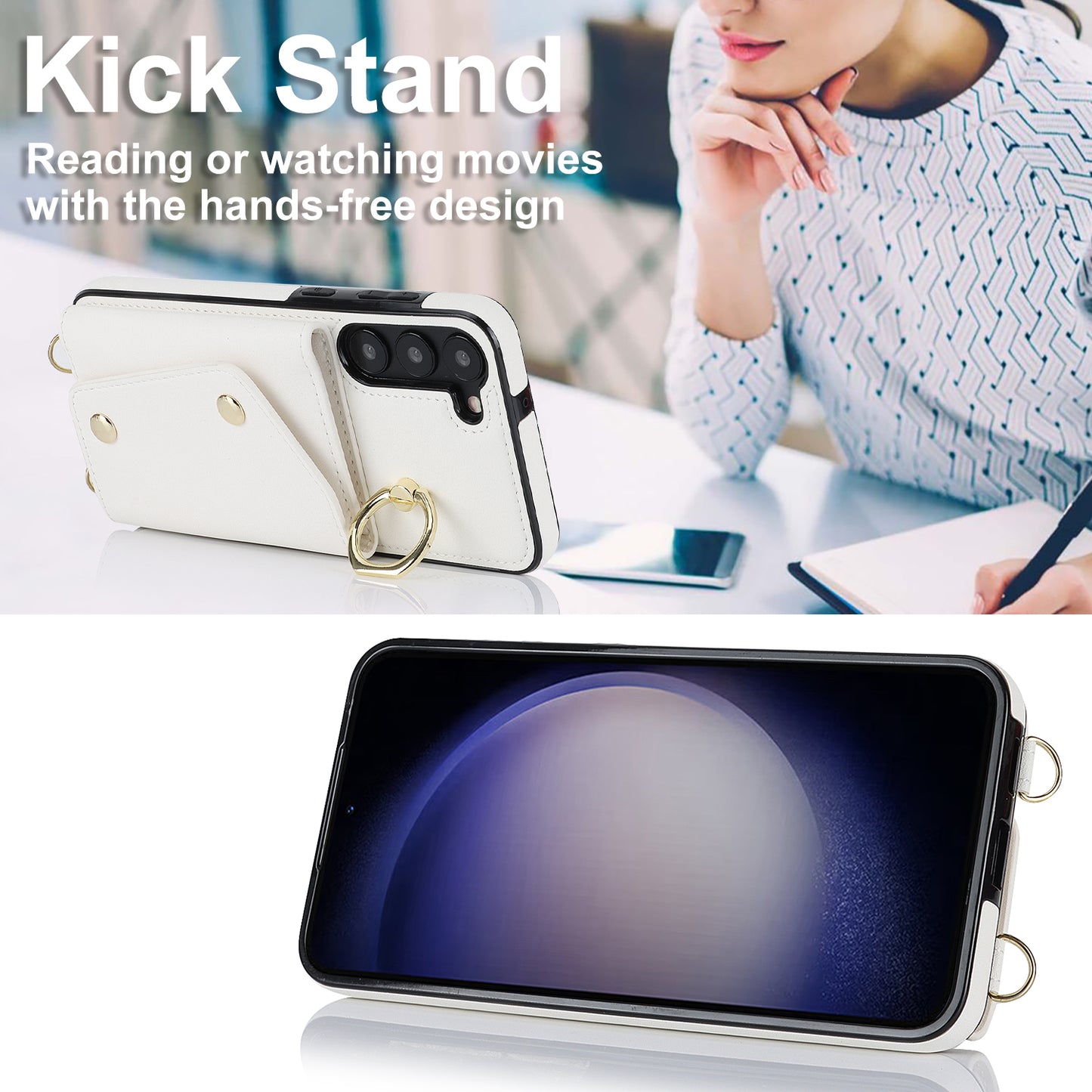 Crossbody Phone Case for Samsung Galaxy S24 Shell Ring Kickstand PU Leather Coated TPU Cover - White