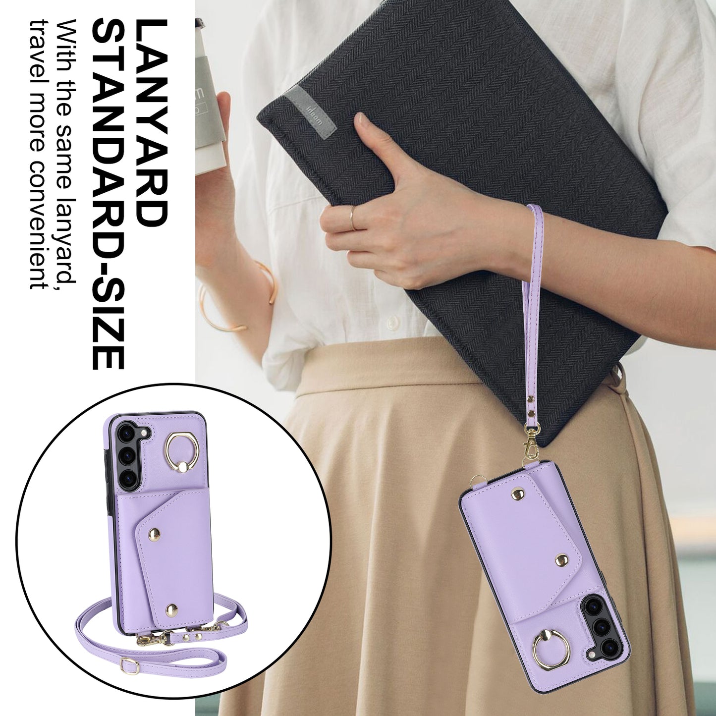 Crossbody Phone Case for Samsung Galaxy S24 Shell Ring Kickstand PU Leather Coated TPU Cover - Purple
