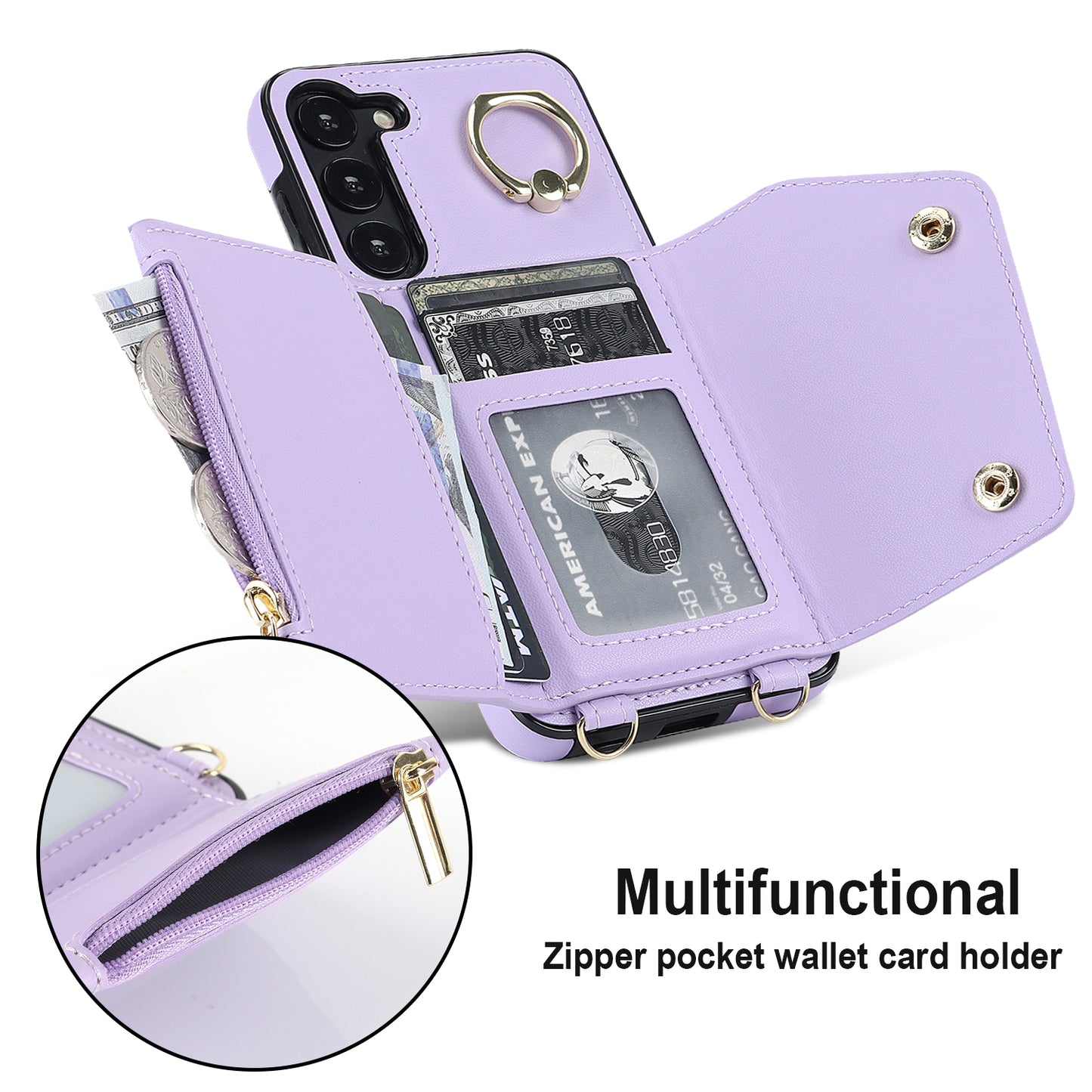 Crossbody Phone Case for Samsung Galaxy S24 Shell Ring Kickstand PU Leather Coated TPU Cover - Purple