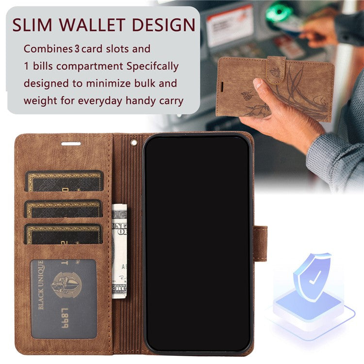 Wallet Leather Cover for Oppo A78 4G Shell Imprint Orchid Butterfly Pattern Phone Case - Brown