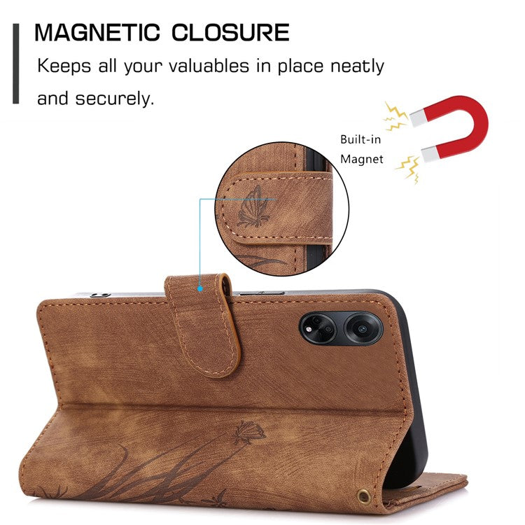 Wallet Leather Cover for Oppo A78 4G Shell Imprint Orchid Butterfly Pattern Phone Case - Brown