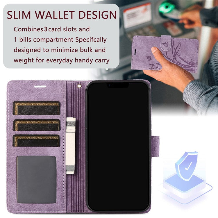 Wallet Leather Cover for Oppo A78 4G Shell Imprint Orchid Butterfly Pattern Phone Case - Purple
