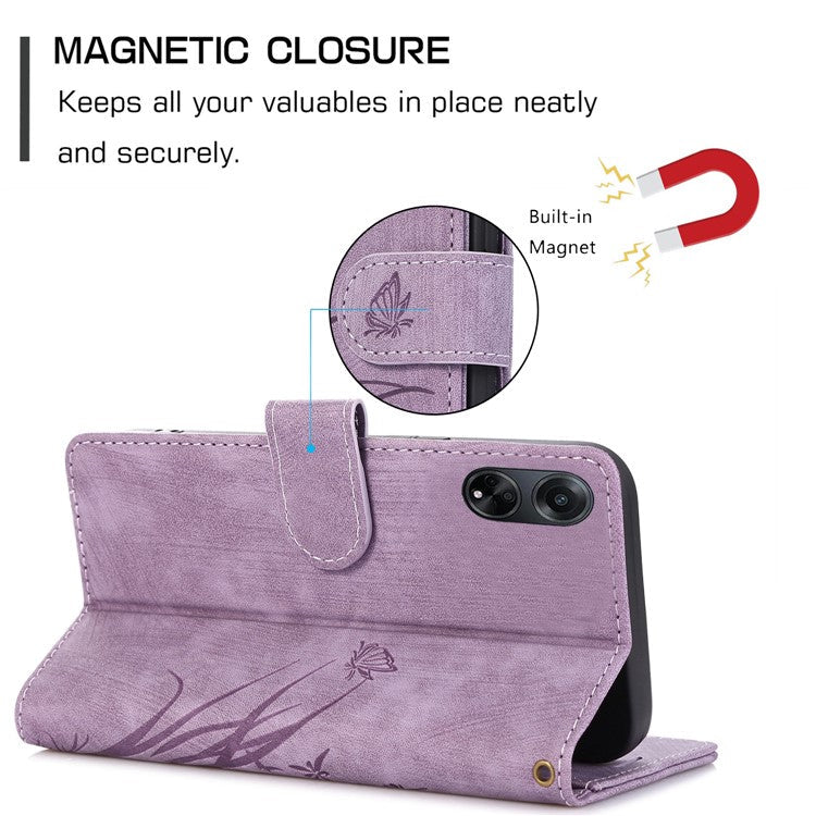 Wallet Leather Cover for Oppo A78 4G Shell Imprint Orchid Butterfly Pattern Phone Case - Purple