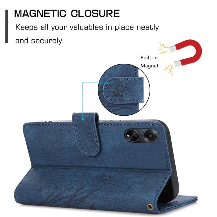 Wallet Leather Cover for Oppo A78 4G Shell Imprint Orchid Butterfly Pattern Phone Case - Blue