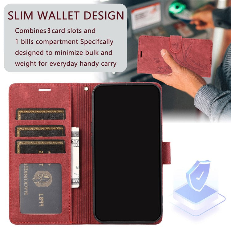 Wallet Leather Cover for Oppo A78 4G Shell Imprint Orchid Butterfly Pattern Phone Case - Red