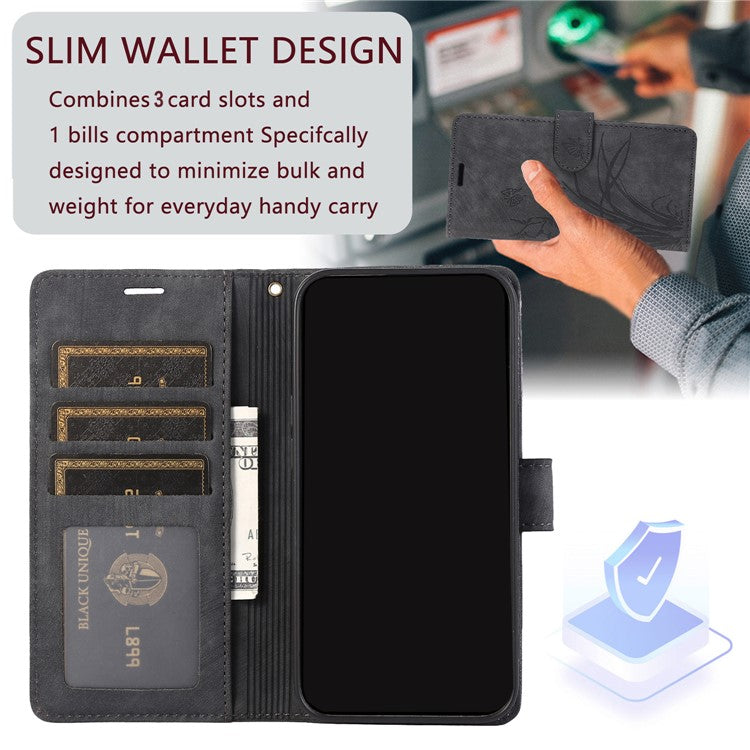 Wallet Leather Cover for Oppo A78 4G Shell Imprint Orchid Butterfly Pattern Phone Case - Black