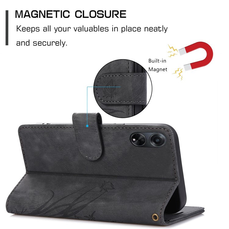 Wallet Leather Cover for Oppo A78 4G Shell Imprint Orchid Butterfly Pattern Phone Case - Black