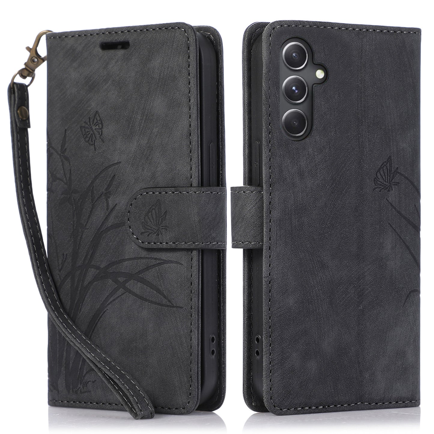For Samsung Galaxy S24+ Leather Case Phone Wallet Orchid Butterfly Pattern - Black