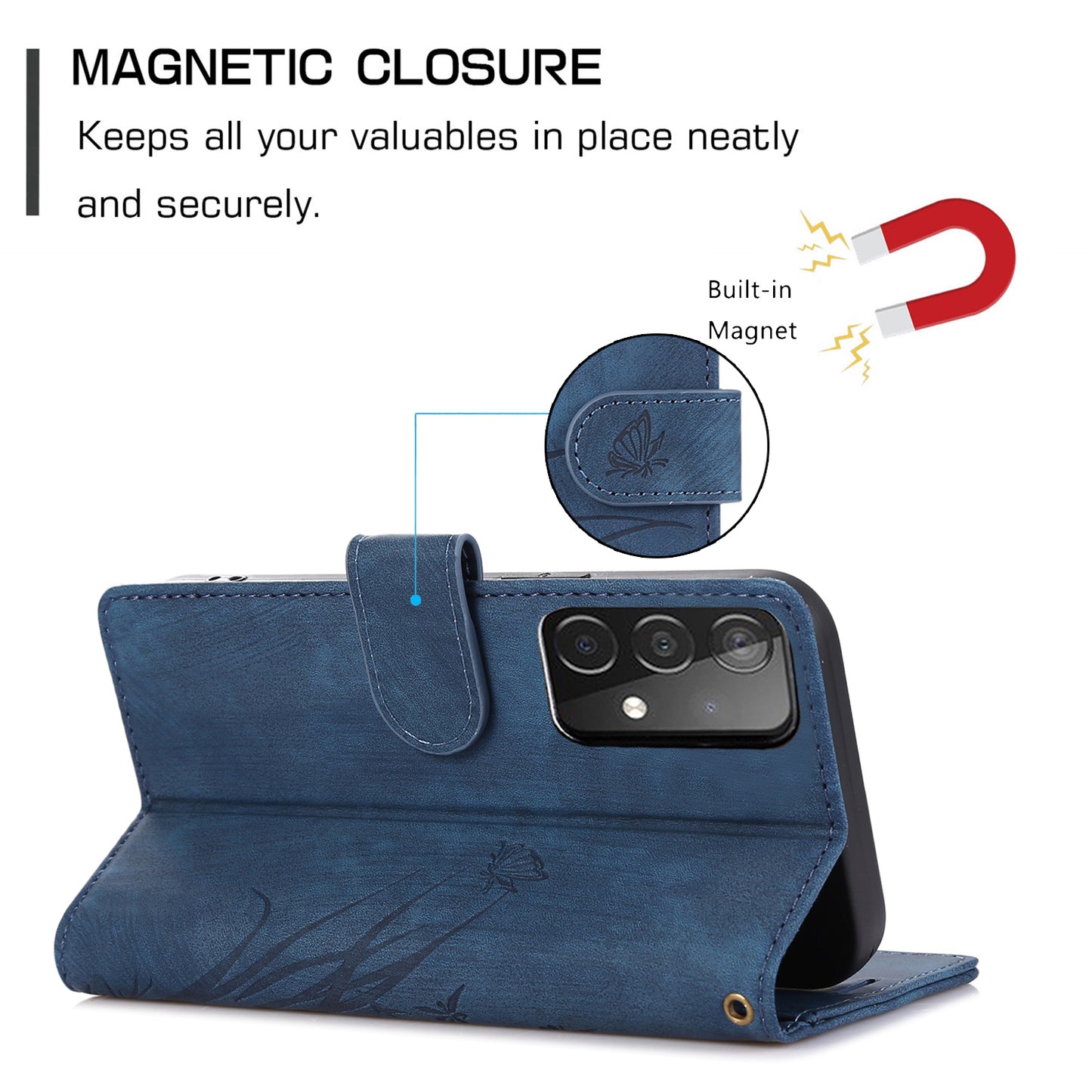 For Samsung Galaxy S24+ Leather Case Phone Wallet Orchid Butterfly Pattern - Blue