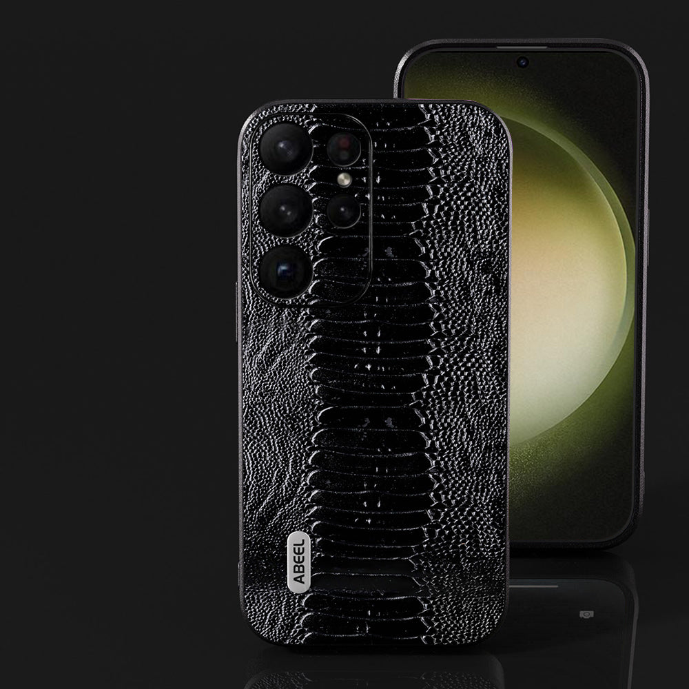 ABEEL For Samsung Galaxy S24 Ultra Crocodile Texture Case Genuine Cow Leather Slim Back Cover - Black