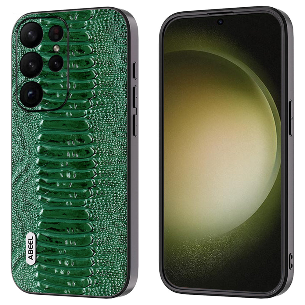 ABEEL For Samsung Galaxy S24 Ultra Crocodile Texture Case Genuine Cow Leather Slim Back Cover - Green