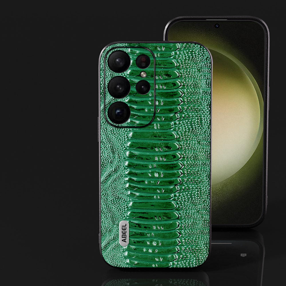 ABEEL For Samsung Galaxy S24 Ultra Crocodile Texture Case Genuine Cow Leather Slim Back Cover - Green
