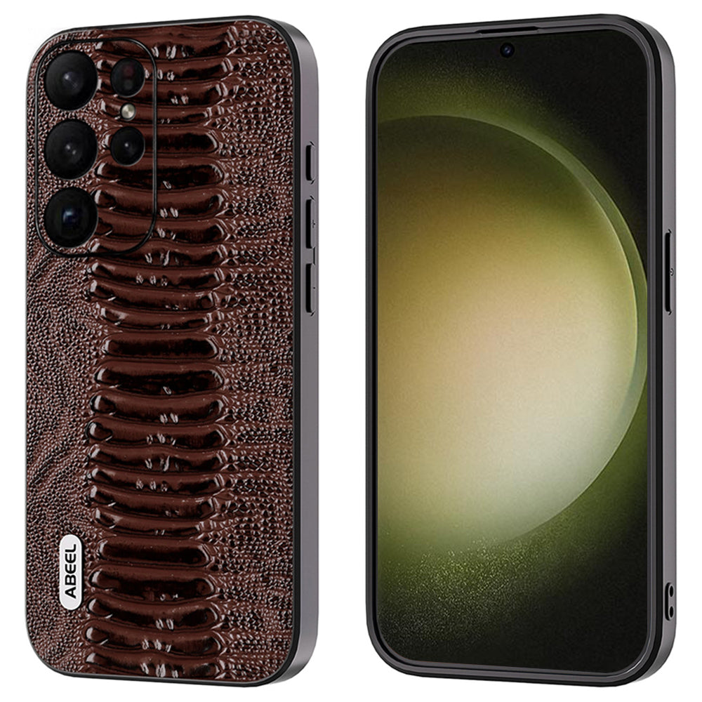 ABEEL For Samsung Galaxy S24 Ultra Crocodile Texture Case Genuine Cow Leather Slim Back Cover - Coffee