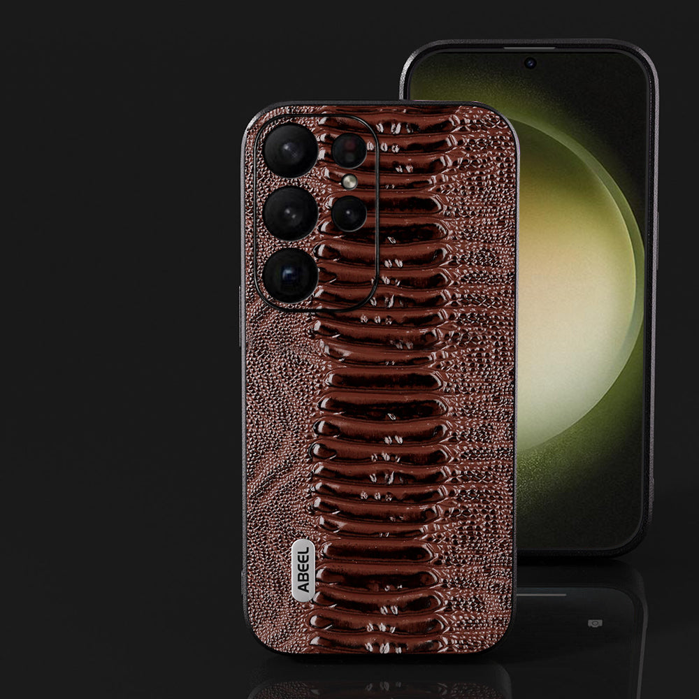 ABEEL For Samsung Galaxy S24 Ultra Crocodile Texture Case Genuine Cow Leather Slim Back Cover - Coffee