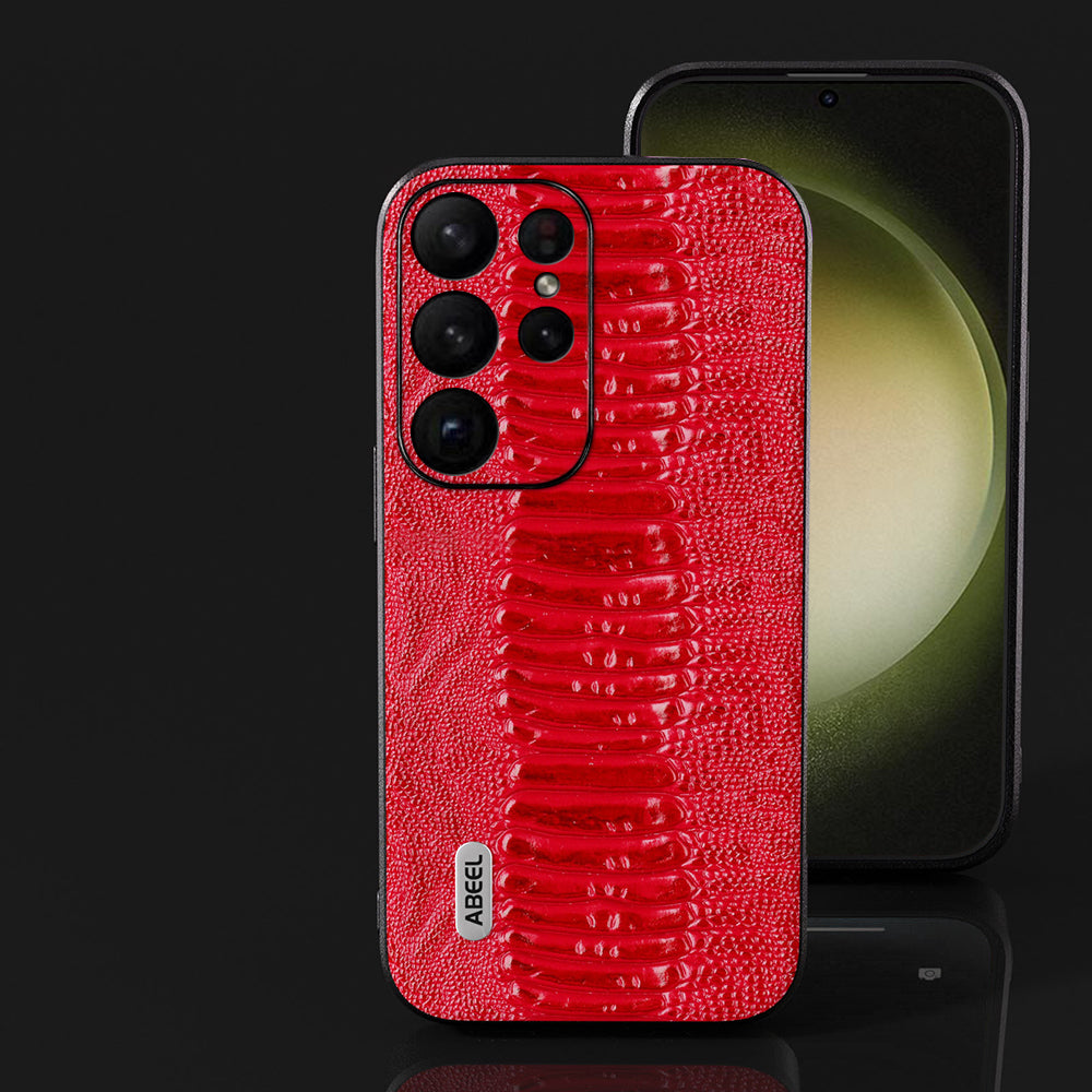 ABEEL For Samsung Galaxy S24 Ultra Crocodile Texture Case Genuine Cow Leather Slim Back Cover - Red
