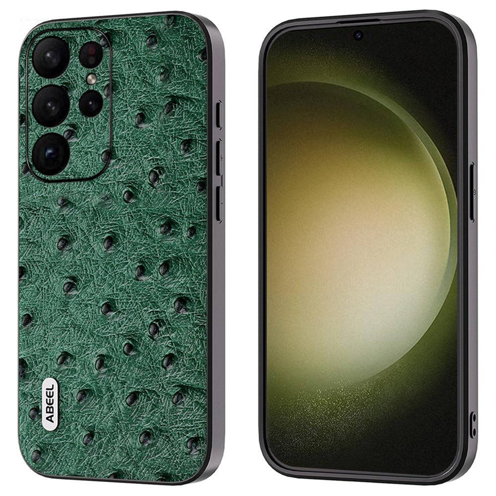 ABEEL For Samsung Galaxy S24 Ultra Case Genuine Cow Leather Ostrich Texture Back Shell Cover - Green