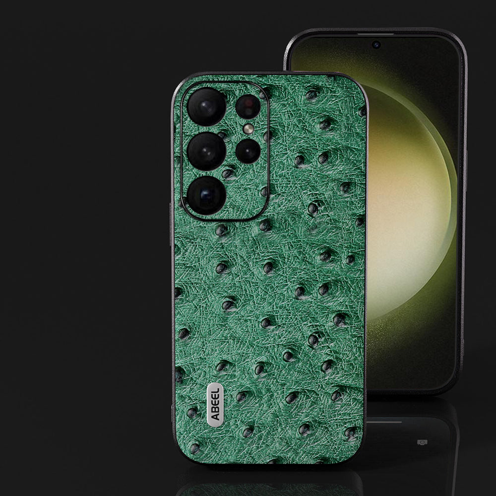ABEEL For Samsung Galaxy S24 Ultra Case Genuine Cow Leather Ostrich Texture Back Shell Cover - Green