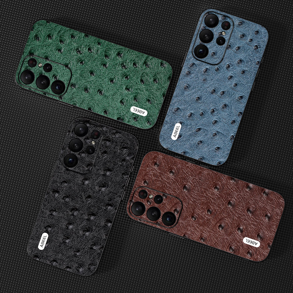 ABEEL For Samsung Galaxy S24 Ultra Case Genuine Cow Leather Ostrich Texture Back Shell Cover - Green